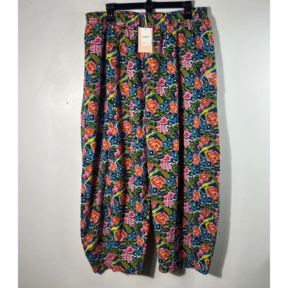 Lucy & Yak Floral Print Tapered Trousers Blue Multi Organic Cotton Linen Mix